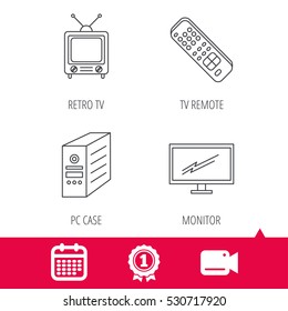 Achievement and video cam signs. Retro TV, monitor and pc case icons. TV remote linear sign. Calendar icon. Vector