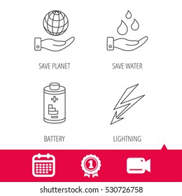 Achievement and video cam signs. Save planet, water and battery icons. Lightning linear sign. Calendar icon. Vector