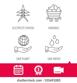 Achievement and video cam signs. Save water, planet and electricity station icons. Minerals linear sign. Calendar icon. Vector
