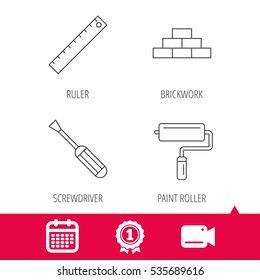 Achievement and video cam signs. Screwdriver, ruler and paint roller icons. Brickwork linear sign. Calendar icon. Vector