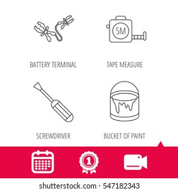 Achievement and video cam signs. Screwdriver, battery terminal and tape measure icons. Bucket of paint linear sign. Calendar icon. Vector