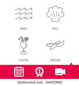 Achievement and video cam signs. Shell, waves and cocktail icons. Airplane linear sign. Calendar icon. Vector