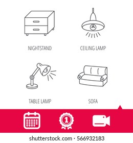 Achievement and video cam signs. Sofa, table lamp and nightstand icons. Ceiling lamp linear sign. Calendar icon. Vector