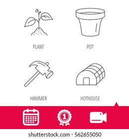 Achievement and video cam signs. Sprout plant, hammer and pot icons. Hothouse linear sign. Calendar icon. Vector