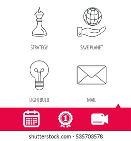 Achievement and video cam signs. Strategy, save planet and mail envelope icons. Lamp lightbulb linear sign. Calendar icon. Vector