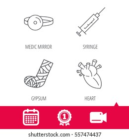 Achievement and video cam signs. Syringe, heart and gypsum icons. Medical mirror linear sign. Calendar icon. Vector