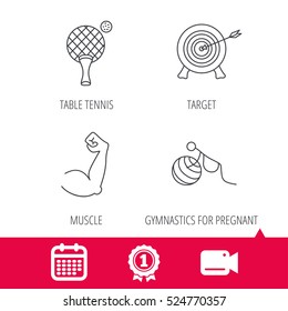 Achievement and video cam signs. Target, table tennis and biceps icons. Gymnastics for pregnant linear sign. Calendar icon. Vector