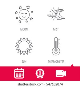 Achievement and video cam signs. Thermometer, sun and mist icons. Moon night linear sign. Calendar icon. Vector
