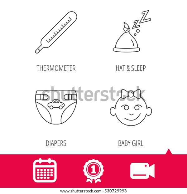 Achievement and\
video cam signs. Thermometer, diapers and sleep hat icons. Baby\
girl linear sign. Calendar icon.\
Vector