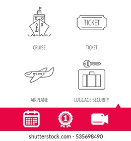 Achievement and video cam signs. Ticket, cruise ship and airplane icons. Luggage security linear sign. Calendar icon. Vector