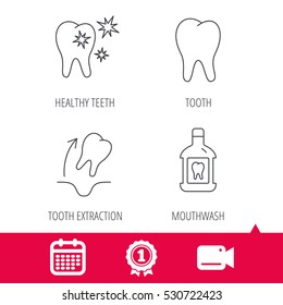 Achievement and video cam signs. Tooth, mouthwash and healthy teeth icons. Tooth extraction linear sign. Calendar icon. Vector