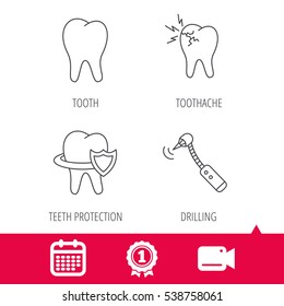 Achievement and video cam signs. Tooth, toothache and drilling tool icons. Teeth protection linear sign. Calendar icon. Vector