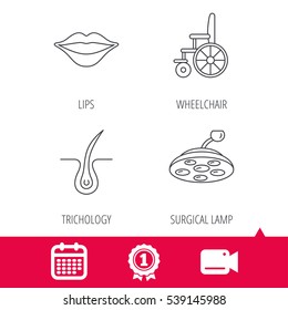 Achievement and video cam signs. Trichology, surgical lamp and wheelchair icons. Lips linear sign. Calendar icon. Vector