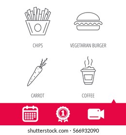 Achievement and video cam signs. Vegetarian burger, chips and coffee icons. Carrot linear sign. Calendar icon. Vector