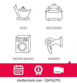 Achievement and video cam signs. Washing machine, multicooker and hair dryer icons. Washing machine linear sign. Calendar icon. Vector