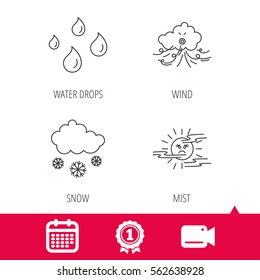 Achievement and video cam signs. Weather, snow and rain icons. Water drops and mist linear signs. Calendar icon. Vector