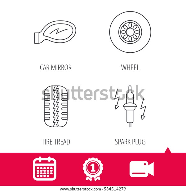 Achievement and\
video cam signs. Wheel, car mirror and spark plug icons. Tire tread\
linear sign. Calendar icon.\
Vector