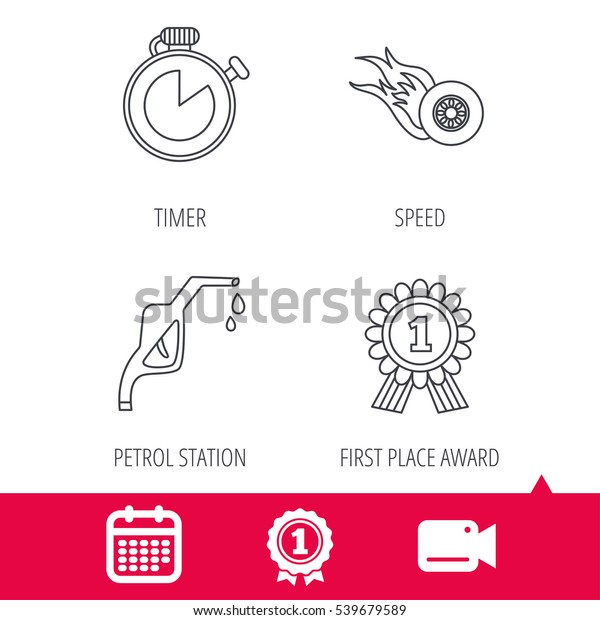 Achievement\
and video cam signs. Winner award, petrol station and speed icons.\
Race timer linear sign. Calendar icon.\
Vector