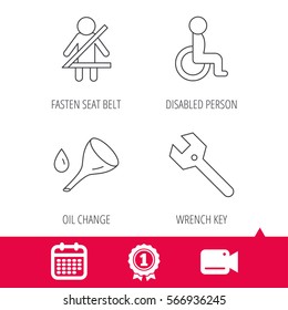 Achievement and video cam signs. Wrench key, oil change and fasten seat belt icons. Disabled person linear sign. Calendar icon. Vector