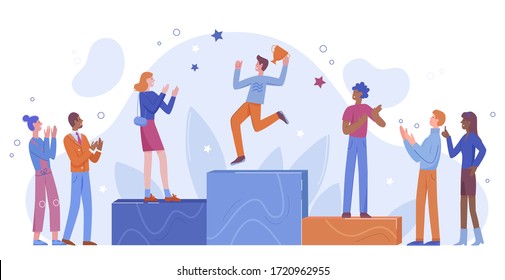 Achievement win podium vector illustration. Cartoon flat happy winner character jumping on first place winning podium, holding prize award cup in hands, people applauding champion isolated on white