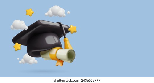 Achievement, wisdom and knowledge concept banner with 3D graduation hat and diploma scroll in the sky with stars and clouds. Three dimensional vector illustration with copy space.