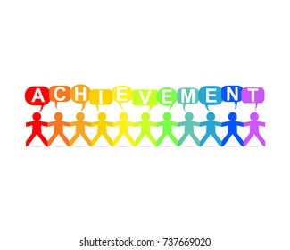 Achievement word in speech bubbles with cut out paper people chain in rainbow colors