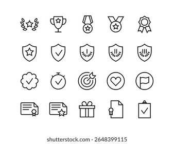 Conquistas e prêmios conjunto de ícones, troféu de peso de linha ajustável, prêmio, prêmio, medalha, medalhão, fita, campeão, laurel, ícones de vitória, golpes de cerimônia, gráfico de contorno, distintivo, vencedor, vitória