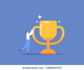 Achievements and awards. won a trophy. the champion, the winner of the competition, the best employee or businessman. A man holding a giant trophy. rewards and results. illustration concept design