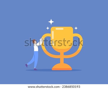 Achievements and awards. won a trophy. the champion, the winner of the competition, the best employee or businessman. A man holding a giant trophy. rewards and results. illustration concept design