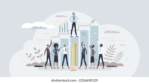 Achievements in business and finance for money profit tiny person concept. Successful money earning with effective sales work vector illustration. Company leader with professional progress and goals.