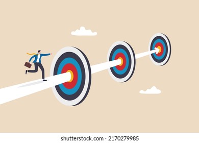 Achievements or challenge to achieve targets and business goals, objectives and purpose, journey to succeed in work and career concept, confidence businessman running on arrow way through targets.