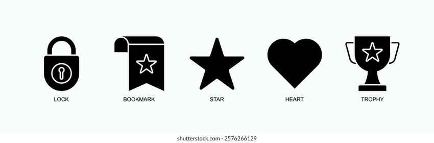 Achievements And Favorites Icon Set Isolated Vector With Icon Of Lock, Bookmark, Star, Heart, Trophy In Glyph Style