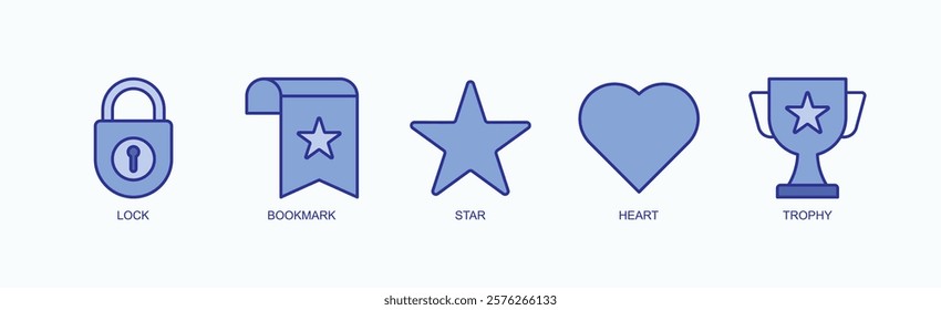 Achievements And Favorites Icon Set Isolated Vector With Icon Of Lock, Bookmark, Star, Heart, Trophy In Blue Style