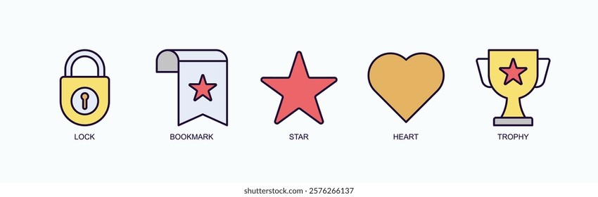 Achievements And Favorites Icon Set Isolated Vector With Icon Of Lock, Bookmark, Star, Heart, Trophy In Outline Color Style