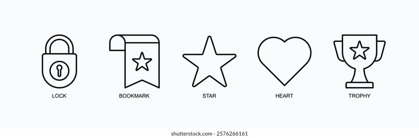 Achievements And Favorites Icon Set Isolated Vector With Icon Of Lock, Bookmark, Star, Heart, Trophy In Outline Style