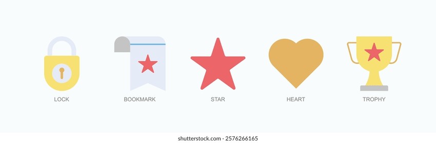 Achievements And Favorites Icon Set Isolated Vector With Icon Of Lock, Bookmark, Star, Heart, Trophy In Flat Style