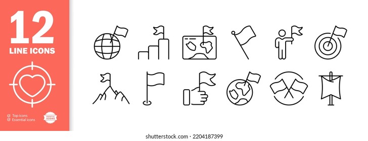 Achievements flags set icon. Top, goal, planet, map, mountain, businessman, career, achieve, hand, target, employee, chart, destination. Business concept. Vector line icon for Business and Advertising