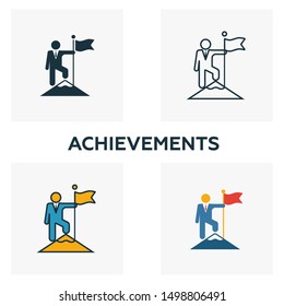 Achievements icon set. Four elements in diferent styles from human resources icons collection. Creative achievements icons filled, outline, colored and flat symbols.