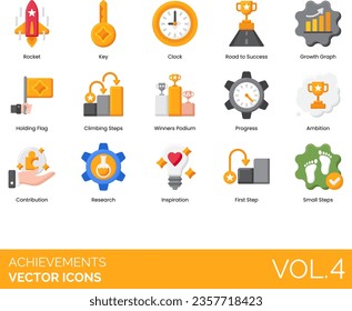 Achievements Icons including Achievement, Success, Idea, Trophy, First Prize, Reward, Mountain Peak, Career, Ladder, Target,Hand shake, Winner, Victory, Fireworks, Goal Flag, Finish Line