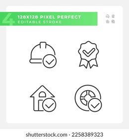 Logros en las industrias de píxel perfecto juego de iconos lineales. Construcción y transporte correctos. Marcas de verificación. Símbolos de línea delgada personalizables. Ilustraciones aisladas del contorno vectorial. Trazo editable