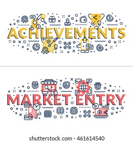 Achievements and Market Entry headings, titles. Horizontal colored flat vector illustration.
