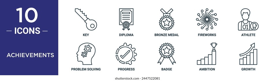 achievements outline icon set includes thin line key, diploma, bronze medal, fireworks, athlete, problem solving, progress icons for report, presentation, diagram, web design