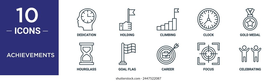 achievements outline icon set includes thin line dedication, holding, climbing, clock, gold medal, hourglass, goal flag icons for report, presentation, diagram, web design