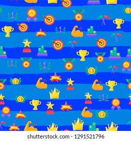 Achievements seamless vector pattern. Winner trophies, medals, awards, prizes on striped background