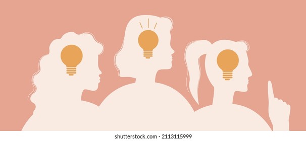 Achievements of women, ideas of feminists. Silhouette vector stock illustration isolated. Idea symbol incandescent light bulb isolated. Feminism concept for March 8