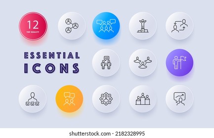 Achievements at work set icon. Achieve, teamwork, communication, first place, flag, arrows, checkboxes, subordinates, personal growth. Business concept. Neomorphism. Vector line icon for Business.