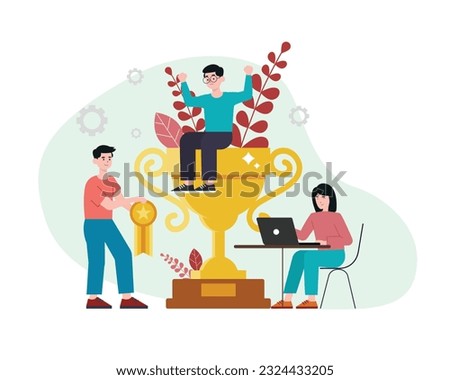 Achievements at work. Successful completion of project. Team celebrates victory in tender. Getting promotion at work. Awards for success. Color vector illustration in flat style