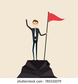 Achievement,Success and Leadership concept.Climber with flag conquering top of mountain.Businessman holding a flag on mountain peak.Business people climb to the top of the mountain.Business vector 