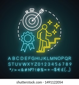 Achiever neon light concept icon. Successful person idea. Goal achieving, winner. Reaching target. Personal growth. Glowing sign with alphabet, numbers and symbols. Vector isolated illustration