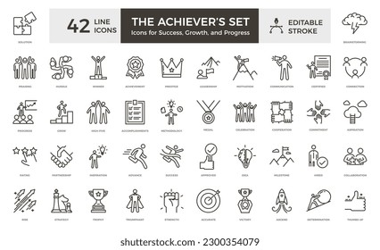 The achiever's set. Icons for success, growth and progress. 42 editable thin line stroke icons. Graphic elements for your business